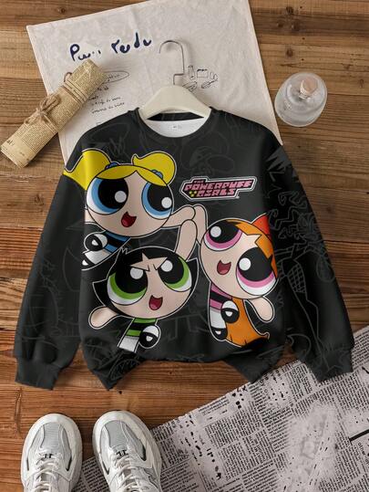 THE POWERPUFF GIRLS X SHEIN Tween Girl Casual Blossom, Bubbles, Buttercup Pattern Crew Neck Sweatshirt, Autumn
