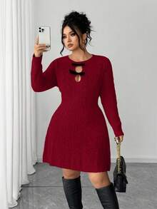 SHEIN Elenzya 女士纯色蝴蝶结优雅派对毛衣连衣裙 - 紅色 - 查看 3