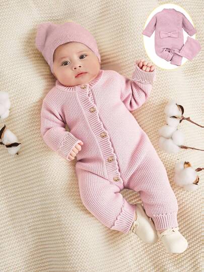 SHEIN Newborn Round Neck Raglan Sleeves Long Sleeves Single-Breasted Knitted Bodysuit With Three-Dimensional Bow, Pink Sweater Crawling Suit, And A Hat. Cute, Fashionable, Comfortable And Versatile Pink Sweater Crawling Suit With Feet, Warm And Practical, Suitable For Autumn And Winter, Soft And Skin-Friendly Fabric, Can Be Worn Indoors Or Outdoors. The First Choice For Mothers Shopping Fall