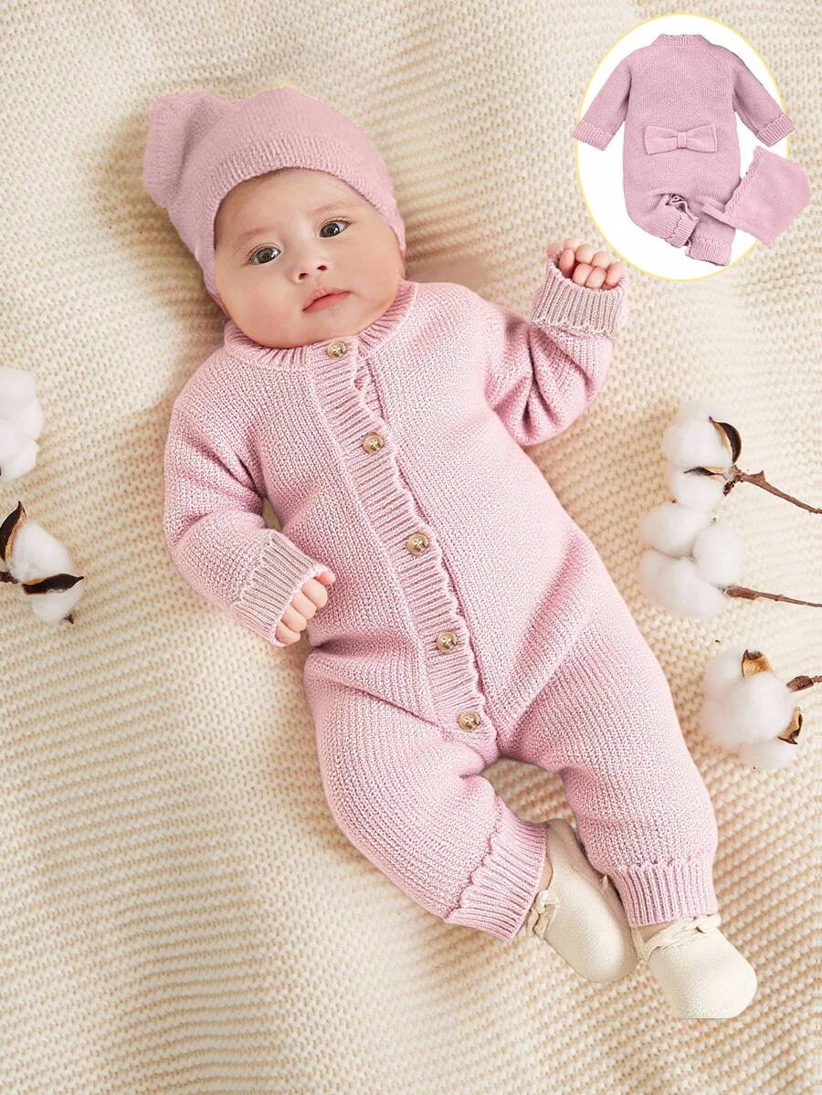 SHEIN Newborn Light Pink Knitted Bodysuit With Hat,Cute Autumn Raglan Long Sleeve Single-Breasted Sweater Crawling Suit With Three-Dimensional Bow For Baby - Multicolor - View 1