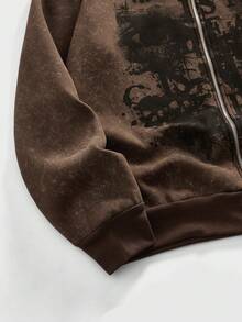 ROMWE MEN Street Life Men's Slogan Print Zip-Up Hooded Sweatshirt - Brown - View 4