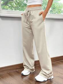 SHEIN EZwear 女士针织休闲宽松直筒运动裤，杏色 - 杏色 - 查看 4