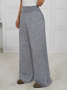 SHEIN EZwear 女士休闲百搭阔腿针织裤，秋冬季 - 灰色 - 查看 3