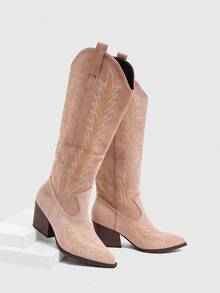 Daringsoles Women's New Embroidered Retro Chunky Heel Anti-Slip Western Boots, Autumn/Winter Patchwork Tall Knight Boots High Heel Pointed Toe Mid-Calf Boots