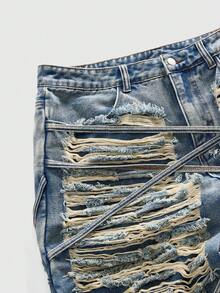 ROMWE MEN Street Life Men's Distressed Denim 3/4 Length Blue Shorts - Blue - View 3