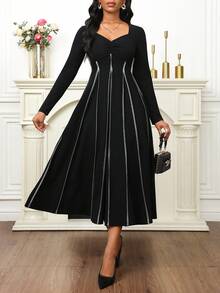 SHEIN Lady Women's Elegant Party Seam Pleated Mid-Length Dress - Black - View 6