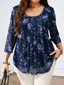 Miaspire 大码女式海军蓝碎花褶皱衬衫，夏季女装，花卉图案，度假风，春季款 - 藏蓝色 - 查看 6