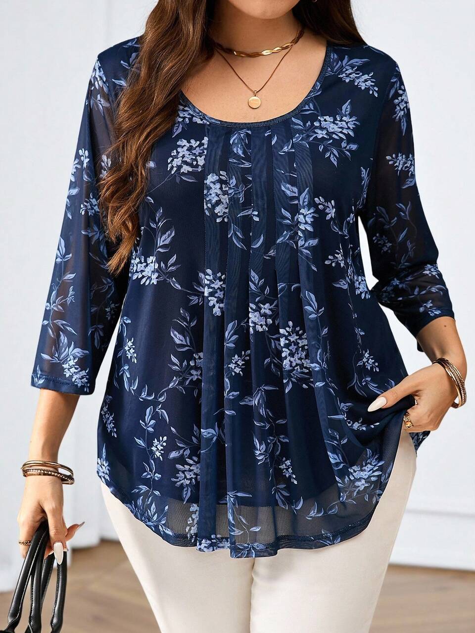 Plus Size Women Navy Floral Print Fold Pleated Blouse, Summer For Women, Flower, Vacation, Spring