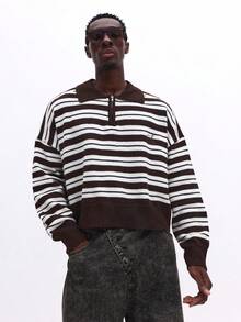 SUMWON Relaxed Fit Quarter Zip Striped Knitted Polo Sweater With Long Sleeves And Ribbed Collar For Casual Fall Winter Wear - Brown - View 5