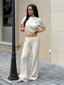 Muchica Women's Knight Pattern Round Neck Short Sleeve Knitted Top And Long Pants Set - Apricot - View 1