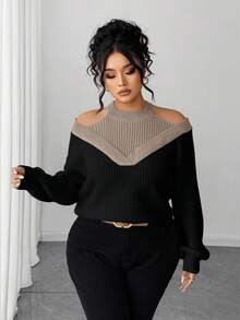 SHEIN Elenzya 女士二合一露肩撞色毛衣 - 卡其色 - 查看 1