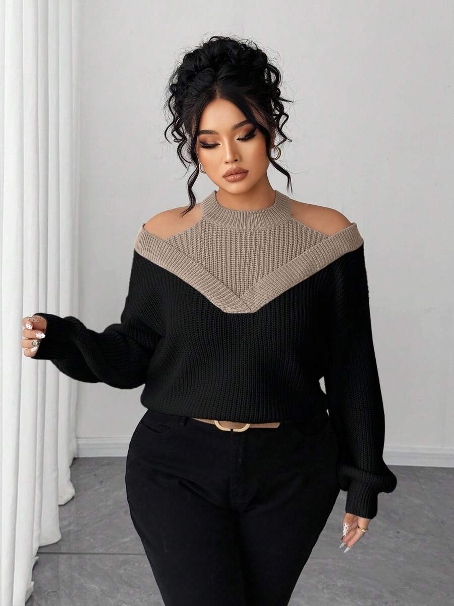 SHEIN Elenzya 女士二合一露肩撞色毛衣 - 卡其色 - 查看 1