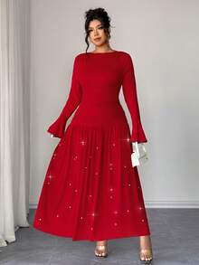 SHEIN Elenzya Elenzga 女士加大码优雅修身喇叭袖网纱拼接串珠连衣裙，秋冬款 - 紅色 - 查看 8