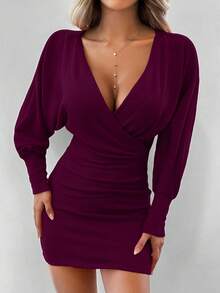 EURMUSE Vestido mini ajustado de unicolor con escote en V profundo y sexy - Burdeos - Ver 3