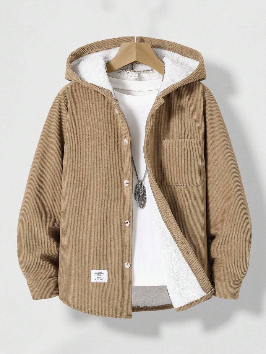 SHEIN Vacaura Tween Boy Basic Casual Corduroy Hooded Fleece Jacket - Brown - View 1