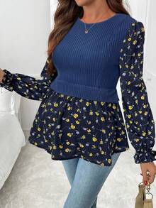 SHEIN 孕妇拼布碎花圆领长袖休闲哺乳上衣 - 藏蓝色 - 查看 6