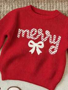 SHEIN 红色圣诞图案，甜美条纹“Merry”刺绣蝴蝶结，女婴休闲简约保暖柔软宽松圆领长袖毛衣，适合秋冬季、圣诞节、新年、假日、舒适季节、圣诞氛围、圣诞礼物、女婴秋冬叠穿、秋冬圣诞毛衣，#新款 - 紅色 - 查看 3