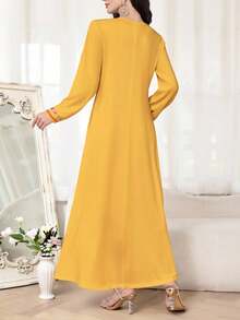 Al Najma 优雅女士V领春秋季针织长袖印花连衣裙，适合约会、度假、日常穿着、休闲、派对、节日等场合，秋季女士长裙，飘逸长裙，印花长裙/复古连衣裙，植物印花连衣裙，黄色连衣裙 - 黃色 - 查看 2