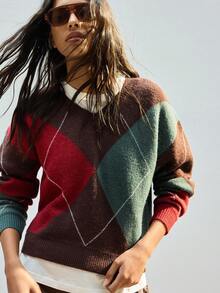 Maija 女士几何格纹艺术线条V领宽松休闲柔软毛绒毛衣，优雅百搭，适合感恩节、圣诞节、新年派对、婚礼宾客等场合，休闲时尚百搭。这款毛衣适合圣帕特里克节、复活节、夏季、海滩度假、各种场合，也适合外出、毕业典礼等休闲场合。 - 彩色 - 查看 6