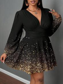 Slaydiva Elegant Gold Gradient Sequin Plus Size Dress, Suitable For New Year Party/Christmas Dress - Multicolor - View 4