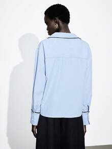 Lumivelle Autumn Fashion Commuter Striped Contrast Trim Shirt - Blue - View 2
