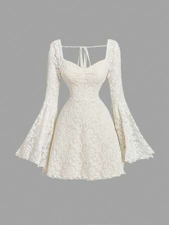 SHEIN X ELOISA & ORSON SHEIN MOD Vestido corto de punto con mangas acampanadas de encaje jacquard blanco, vestido de mujer para Año Nuevo