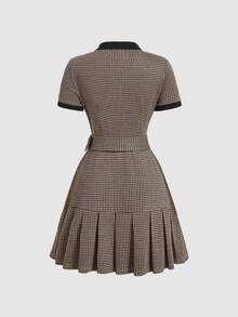 SHEIN MOD Women's Houndstooth Polo Collar Pleated Dress With Belt,Going Out,Work Office Outfits ,Christmas,Homecoming,Plaid Dress - Multicolor - View 2