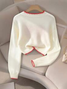 Resyla Women's White Crop Sweater With Red Heart Print And Long Sleeves Knit Sweater Cute Sweater Women Sweater Cute Clothes Sweater Tops - White - View 2