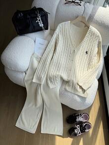 SHEIN Girls Cream White Star Jacquard Knit Clothes Set,Autumn Casual V-Neck Cardigan & Sweatpants,Back-To-School Holiday Tween Matching Sweater Suit,Winter - Apricot - View 5