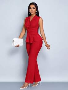 SOLERSUN 女士杏色优雅V领长袖T恤阔腿裤两件套不对称下摆两件套日常休闲女士春夏无袖短袖 - 紅色 - 查看 4