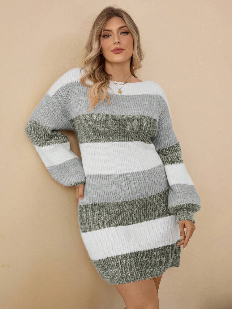 Vestido de Suéter Casual Solto, Colorido, Gola Barco, Manga Balão, Felpudo e Quente, Versátil para Uso Diário, Ação de Graças, Plus Size Feminino