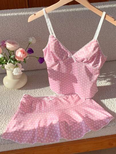 Comfortcana 2025 New Fall/Winter Fashionable Women's Polka Dot Print Bow Decor Camisole And Mini Skirt 2 Pieces Set Summer Outfit For Women Women's Summer Set Christmas Outfit For Women New Year Clothes Beach Set Elegant Women's Sets Casual Terno Outfit For Women Polka Dot Sets Vacation Outfits Women Pink Sets