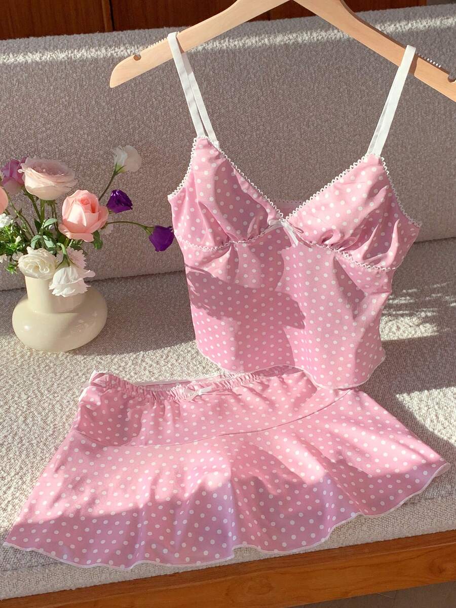 Comfortcana 女士波点印花蝴蝶结装饰吊带背心和迷你裙两件套 - 粉色 - 查看 1