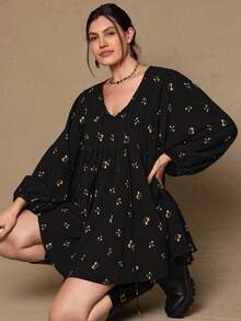 SHEIN LUNE 大码女式碎花V领灯笼袖宽松罩衫 - 黑色 - 查看 2