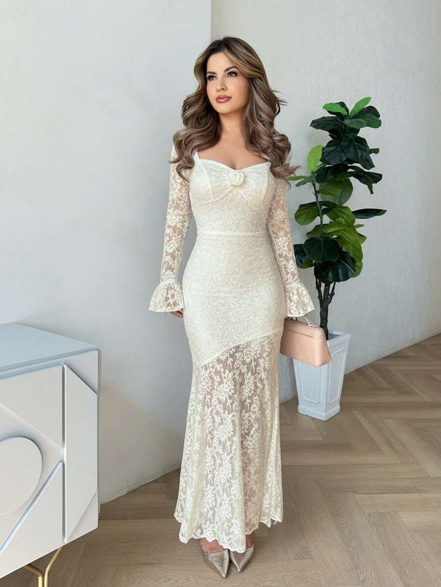 Jemour Đầm đuôi cá in hoa dệt kim Jacquard lãng mạn cổ điển dành cho nữ, Đầm mùa hè, Đầm tiệc trà Quần áo mùa xuân - Màu be - Xem 1
