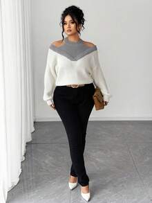 SHEIN Elenzya 女士二合一露肩撞色毛衣 - 淺灰色 - 查看 3