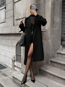 Lavishia 女士仿麂皮绒保暖内衬优雅时尚通勤风衣 - 黑色 - 查看 3