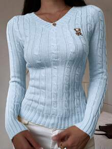 SHEIN EZwear 女士小熊刺绣长袖毛衣，女士套头毛衣，浅蓝色上衣，女士蓝色毛衣，女士毛衣 - 藍色 - 查看 5