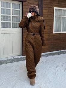 Muchica White Fuzzy Hat & Thick Jumpsuit For Women, Suitable For Playing In Snow In Autumn/Winter