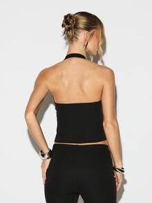 KIZN Áo crop top cổ yếm không tay có khóa kéo phía trước, hoàn hảo cho trang phục thường ngày mùa hè và trang phục dạ hội - màu đen - Xem 2