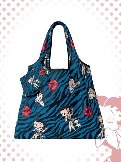 Betty Boop | ROMWE Borsa a tracolla pieghevole di grande capacità con portamonete, borsa della spesa portatile