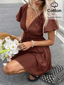 Serisse Đầm mini tay ngắn buộc nơ cổ chữ V sâu cho nữ - Đỏ - Xem 1