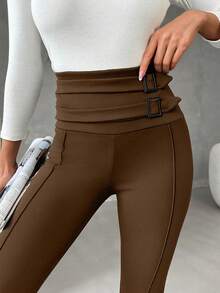 EURMUSE Women Belt Detailed Strech Legging Pant - Coklat - View 3