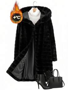 SHEIN Clasi 大码纯色连帽仿毛皮外套，秋冬季 - 黑色 - 查看 11