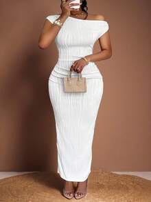 Veslaya 夏季新款优雅派对及日常白色斜肩单肩露肩前褶修身长裙波浪纹理针织面料女装 - 白色 - 查看 6