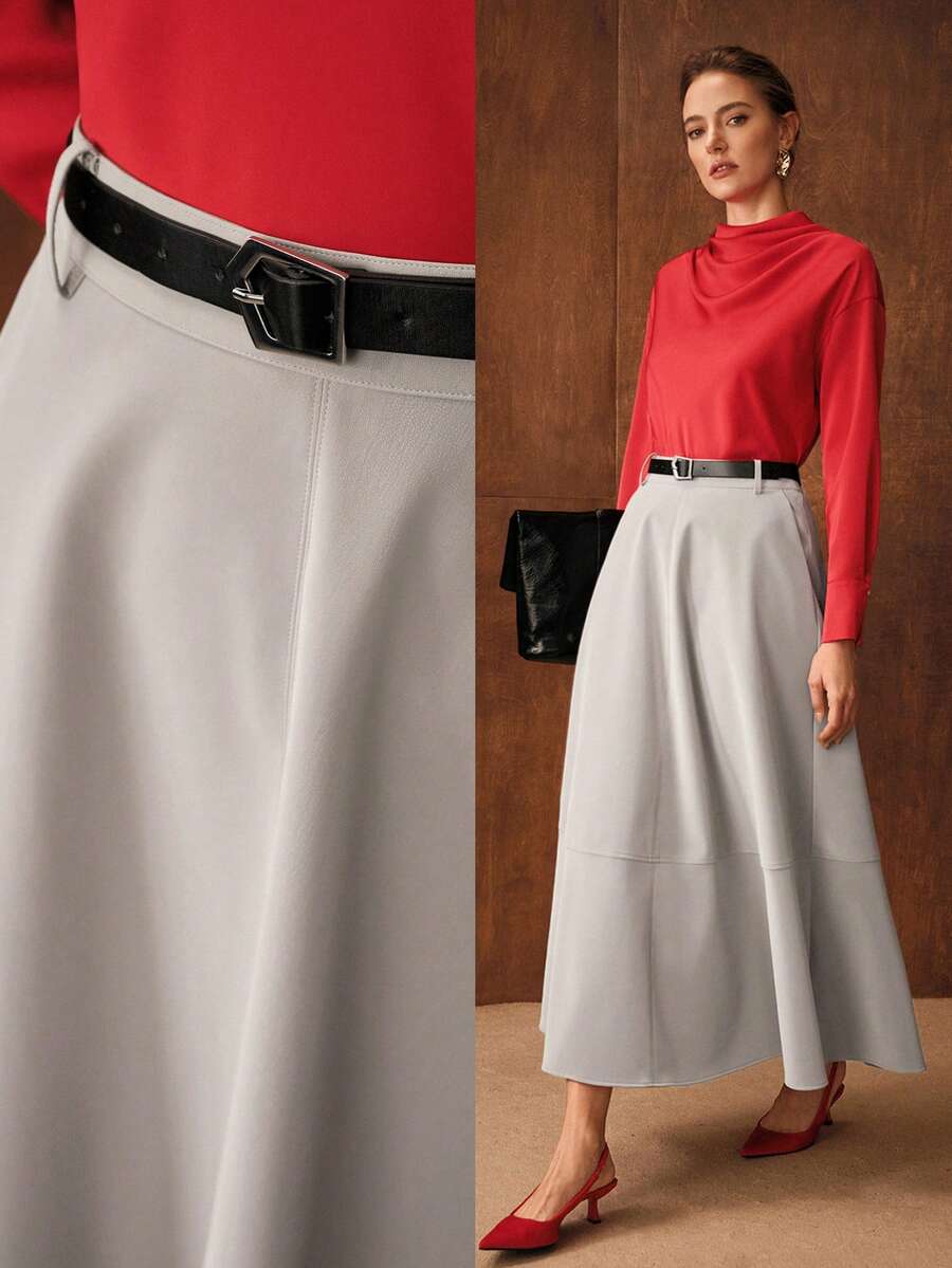 MOTF PREMIUM 女士PU纹理A字半身裙，简约设计 - 灰色 - 查看 1