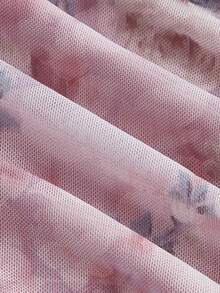 SHEIN MOD 女士印花褶裥不对称开衩连衣裙，女士粉彩色连衣裙 - 粉色 - 查看 3