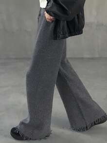 FRIFUL 女士长款休闲纯色毛衣裤，裤脚带流苏 - 灰色 - 查看 4