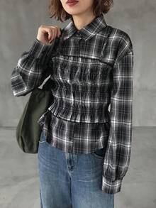 FRIFUL 女士格子长袖纽扣衬衫和褶裥吊带背心休闲两件套