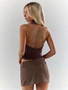 Glamine Fashionable Sexy Cropped Halter Backless Sweater - Brown - View 2